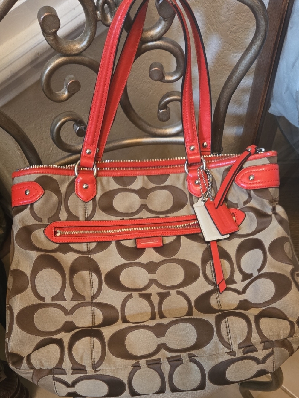 Coach Beige & Brown Signature Tote with Coral Trim